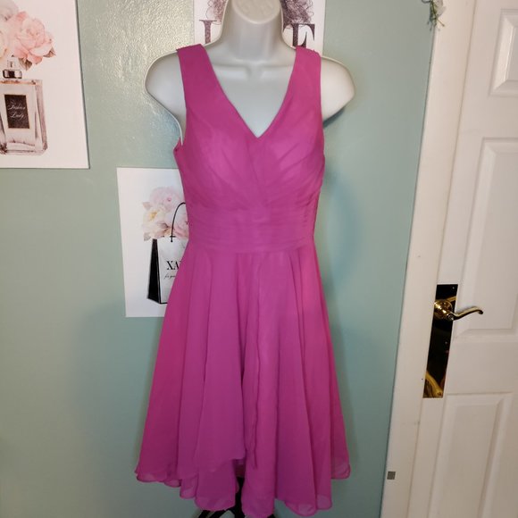 V Neck Midi Dress Chiffon Aline Pleat Lace Up Back In Pink - Picture 2 of 12